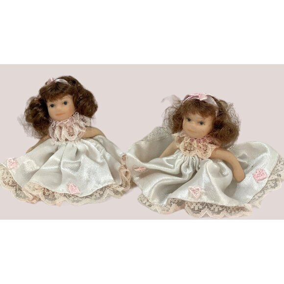 Pair of Porcelain Miniature Dolls Twins 3" Doll House Baby Ruffles Lacey Dress - Picture 2 of 5